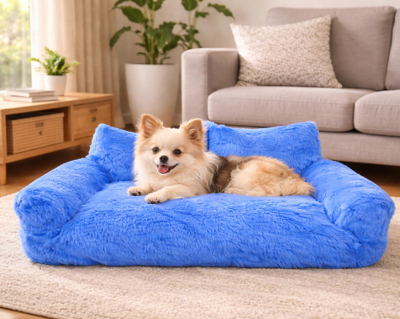 Perro descansando en sofá antiestrés azul